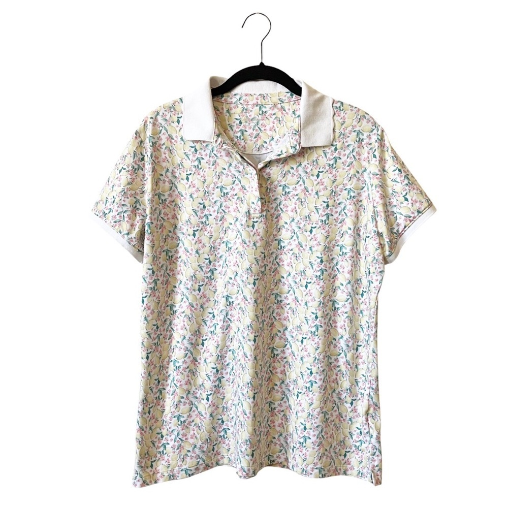 Walter Hagen Fresco Ditsy Lemon Polo Shirt Women's Size L Scalloped Short Sleeve